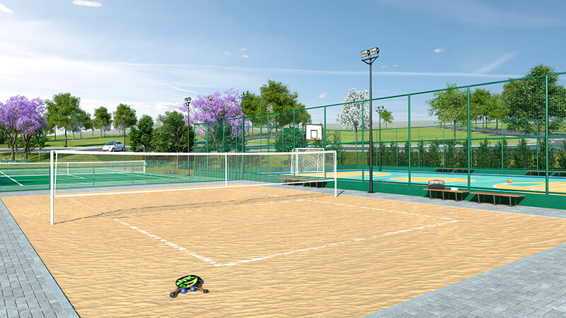 Imagem da quadra de vôlei de areia e beach tênis, dentro do Nova Alcântara One Ourinhos